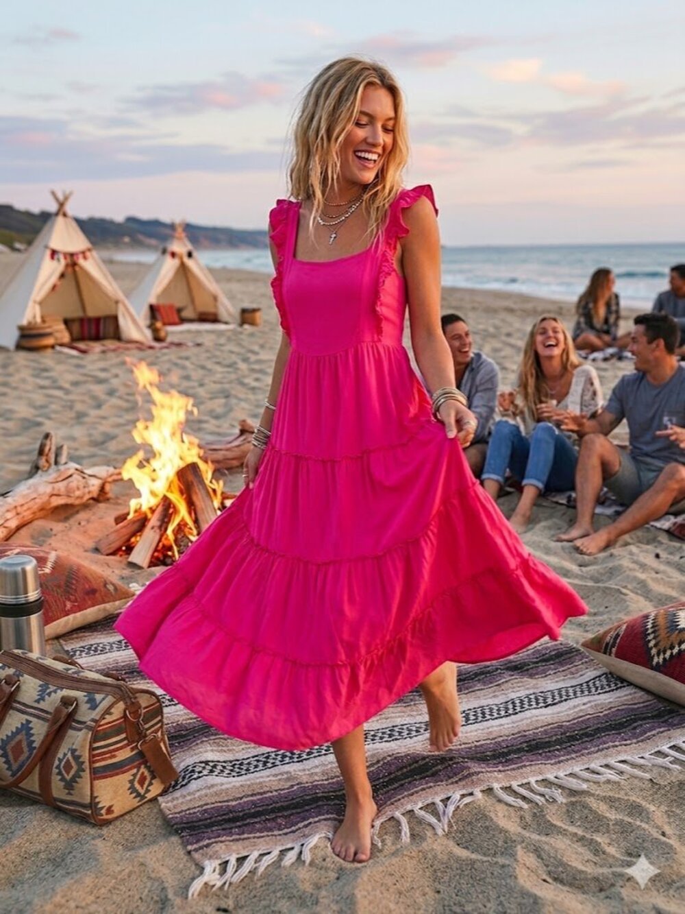 Sleeveless Ruffled Strap Hot Pink Maxi Dress